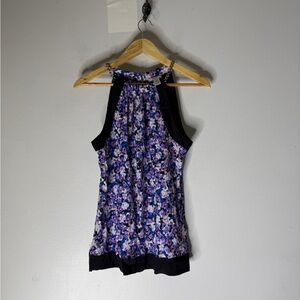 Cache Silk mock neck sleeveless floral blouse Silver Chain straps Medium